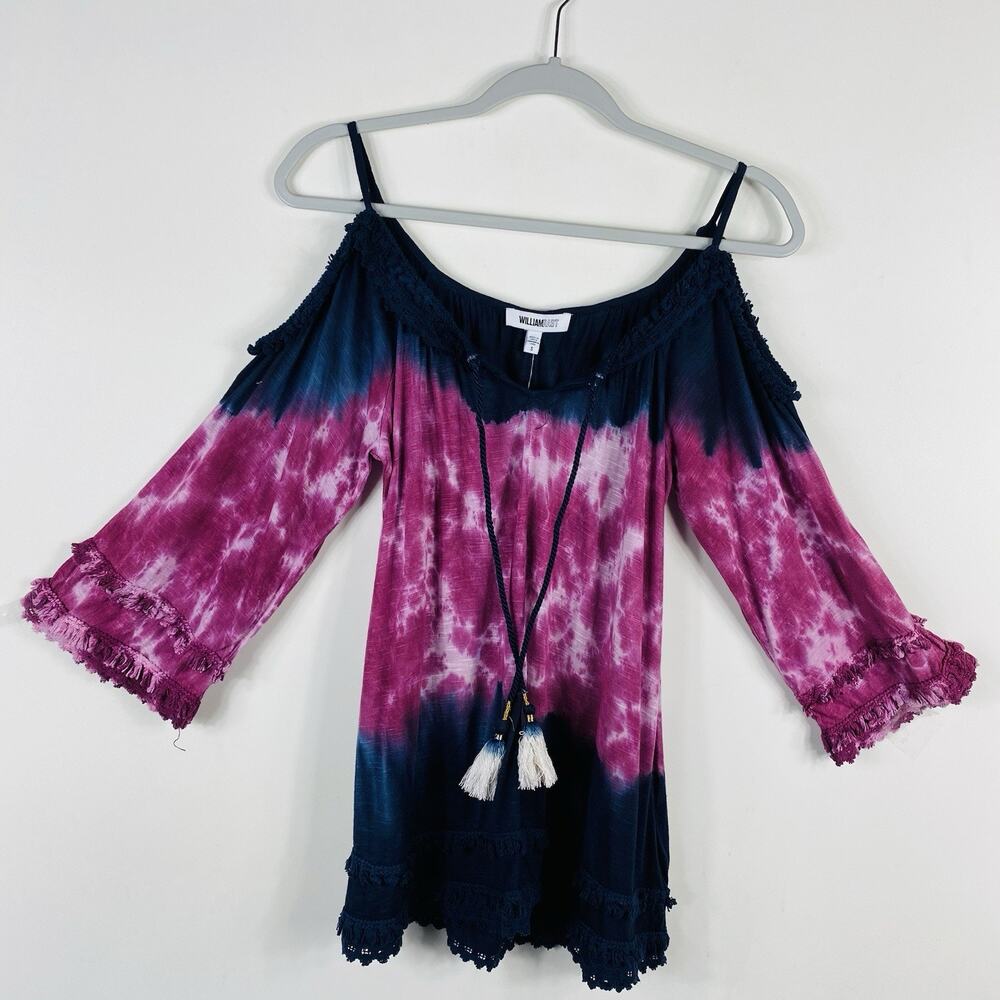 William Rast Top Small Tie Dye Cold Shoulder Frayed Trim Purple Navy Blue